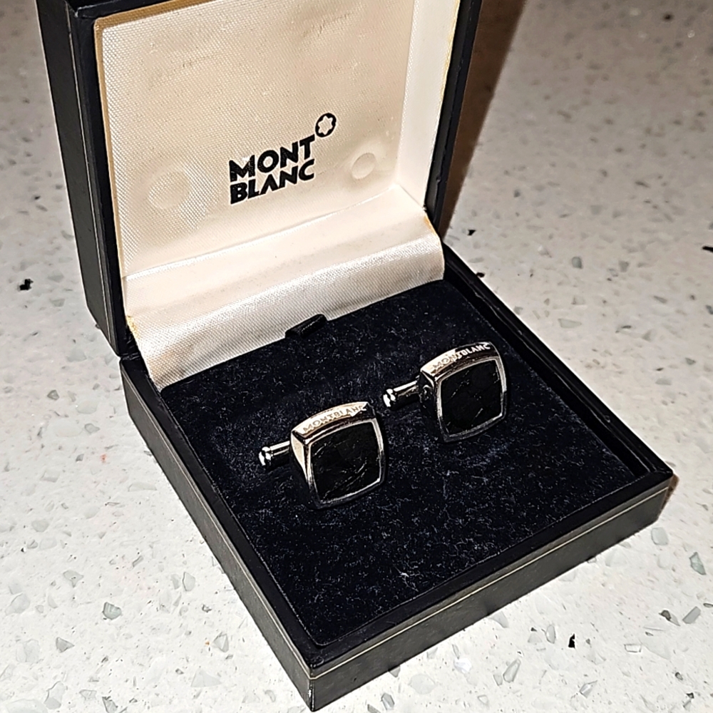 Pair Montblanc Sterling Silver, Black Leather Cufflinks